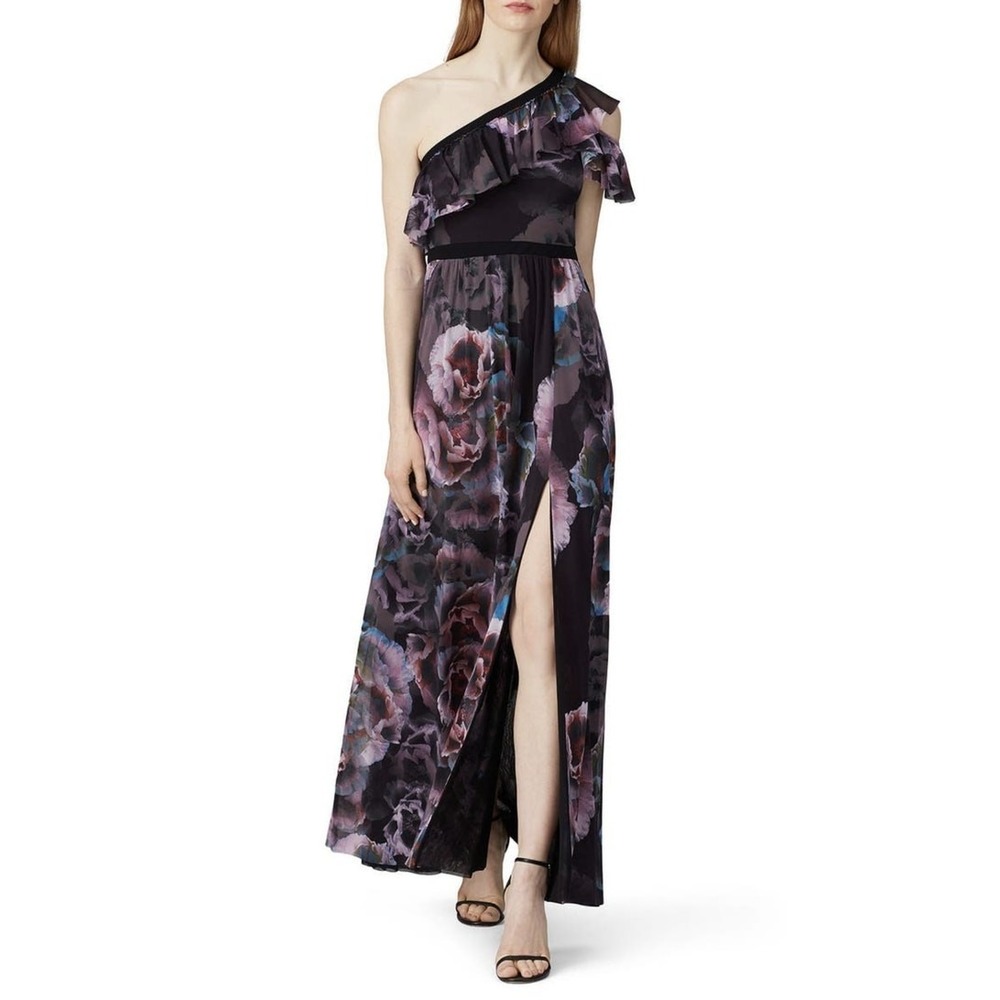Fuzzi Black Purple Floral Printed Tulle One‎ Shoulder Gown Size XXL